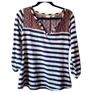 Anthropologie Postmark Striped Henley Roll Tab Sleeve Top Blue White Womens Sz S